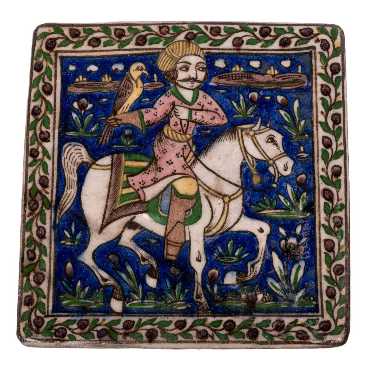 Antique Islamic Persian Painted Relief Tile Falconer Prince on Horseback Qajar Period 1850