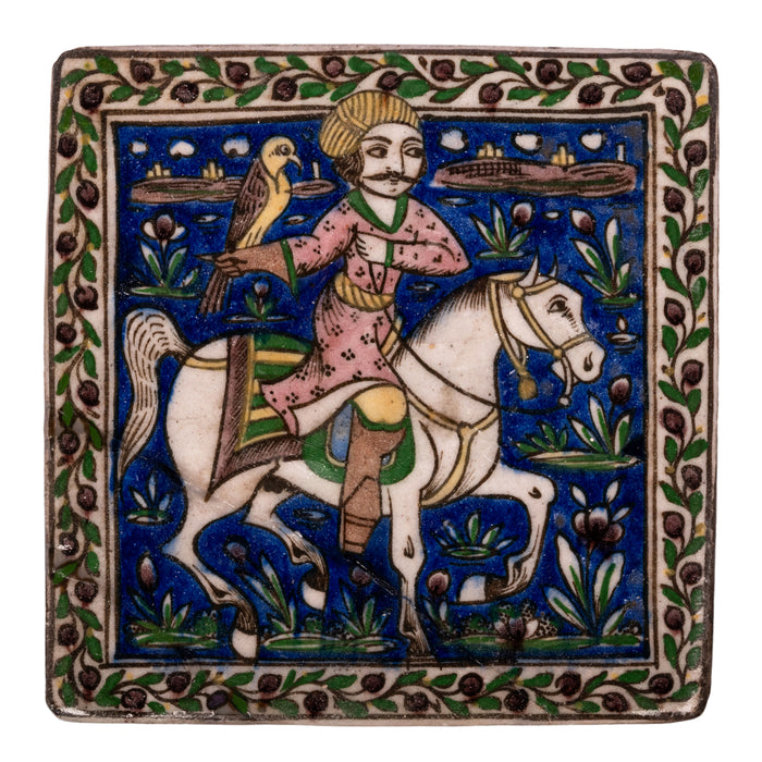 Antique Islamic Persian Painted Relief Tile Falconer Prince on Horseback Qajar Period 1850