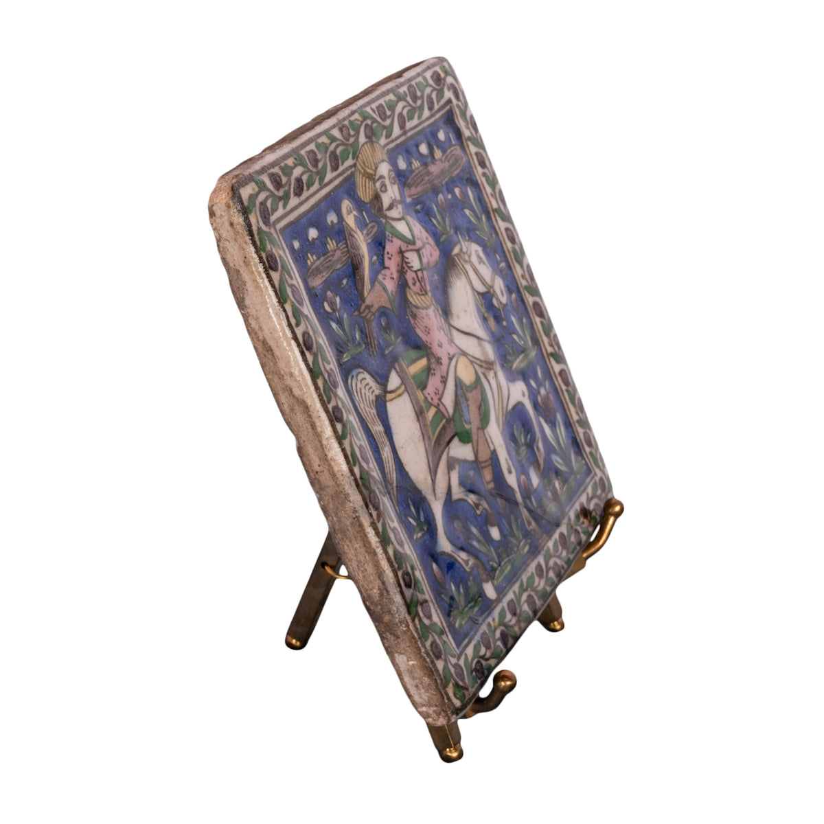 Antique Islamic Persian Painted Relief Tile Falconer Prince on Horseback Qajar Period 1850