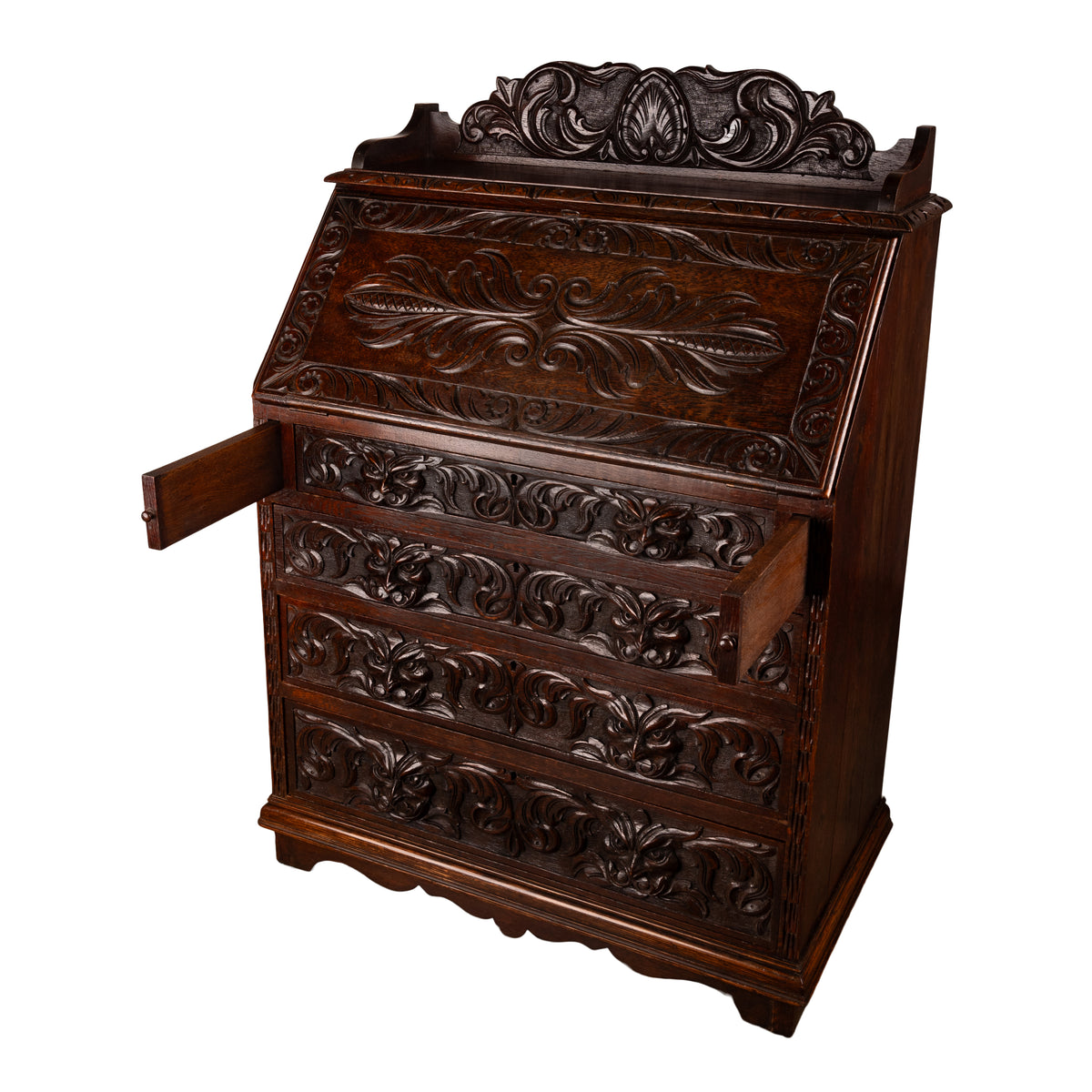 Antique Carved Oak Scottish Arts & Crafts Green Man Desk Bureau Dresser 1880