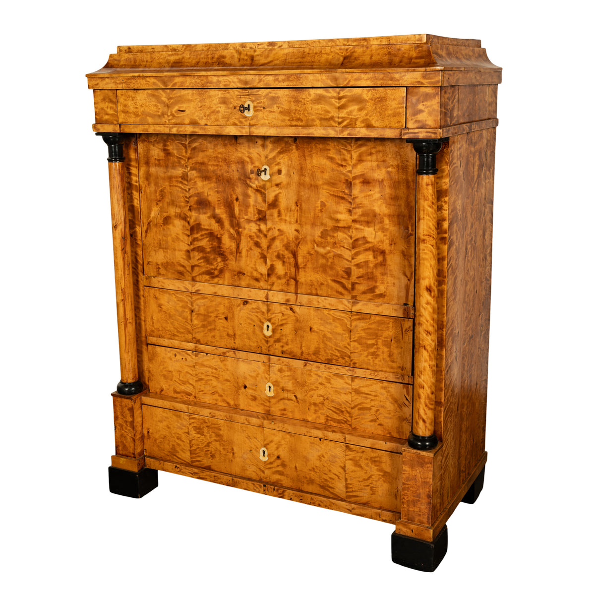 Antique Swedish Golden Birch Ebony Biedermeier Fall Front Desk Secretary Chest