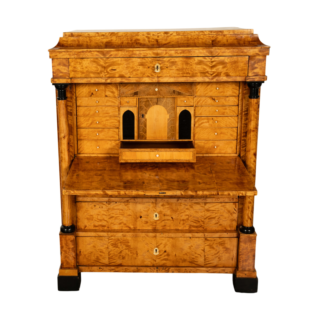 Antique Swedish Golden Birch Ebony Biedermeier Fall Front Desk Secretary Chest