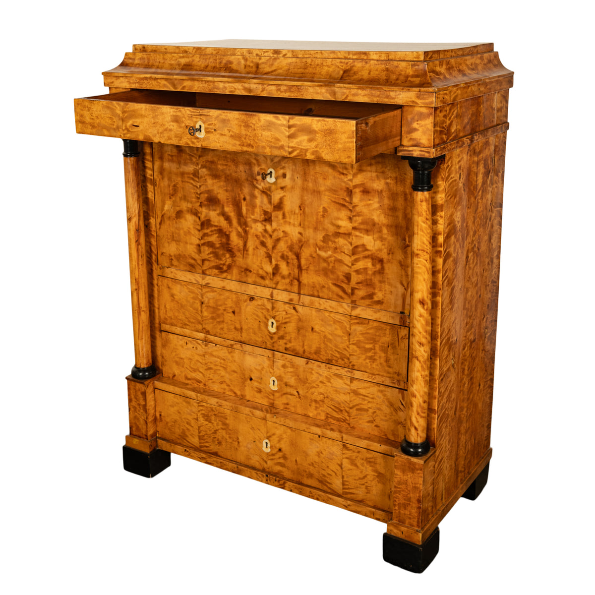 Antique Swedish Golden Birch Ebony Biedermeier Fall Front Desk Secretary Chest