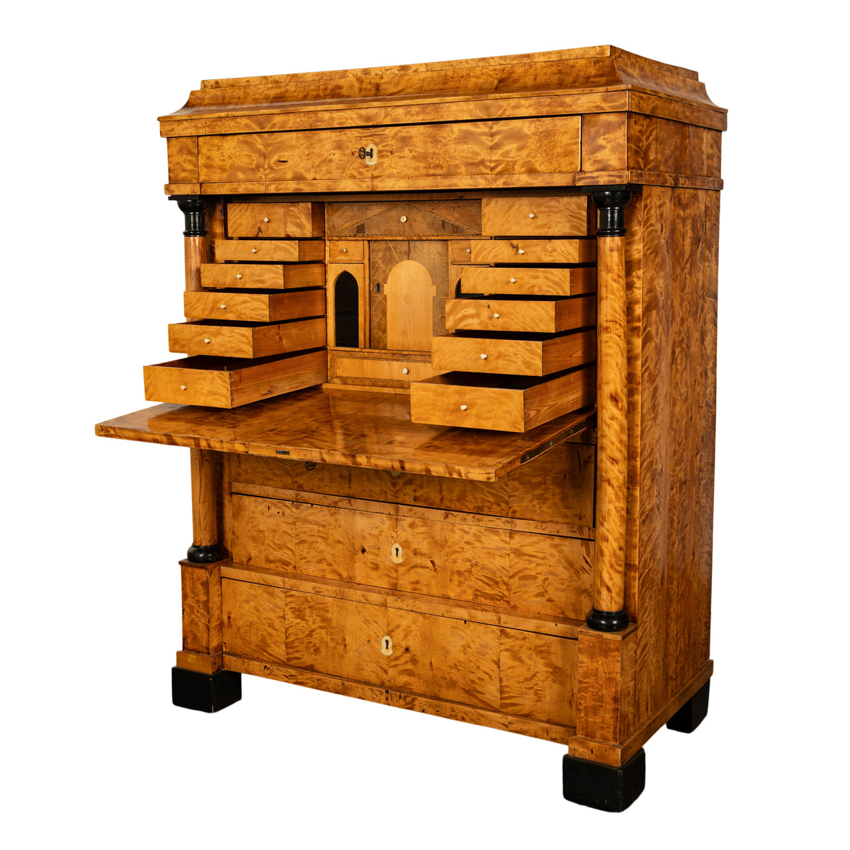 Antique Swedish Golden Birch Ebony Biedermeier Fall Front Desk Secretary Chest