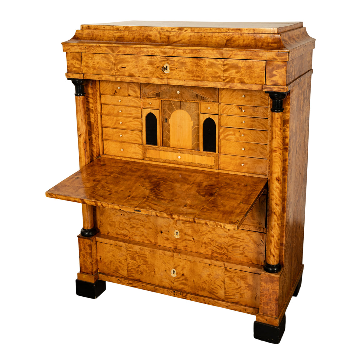 Antique Swedish Golden Birch Ebony Biedermeier Fall Front Desk Secretary Chest