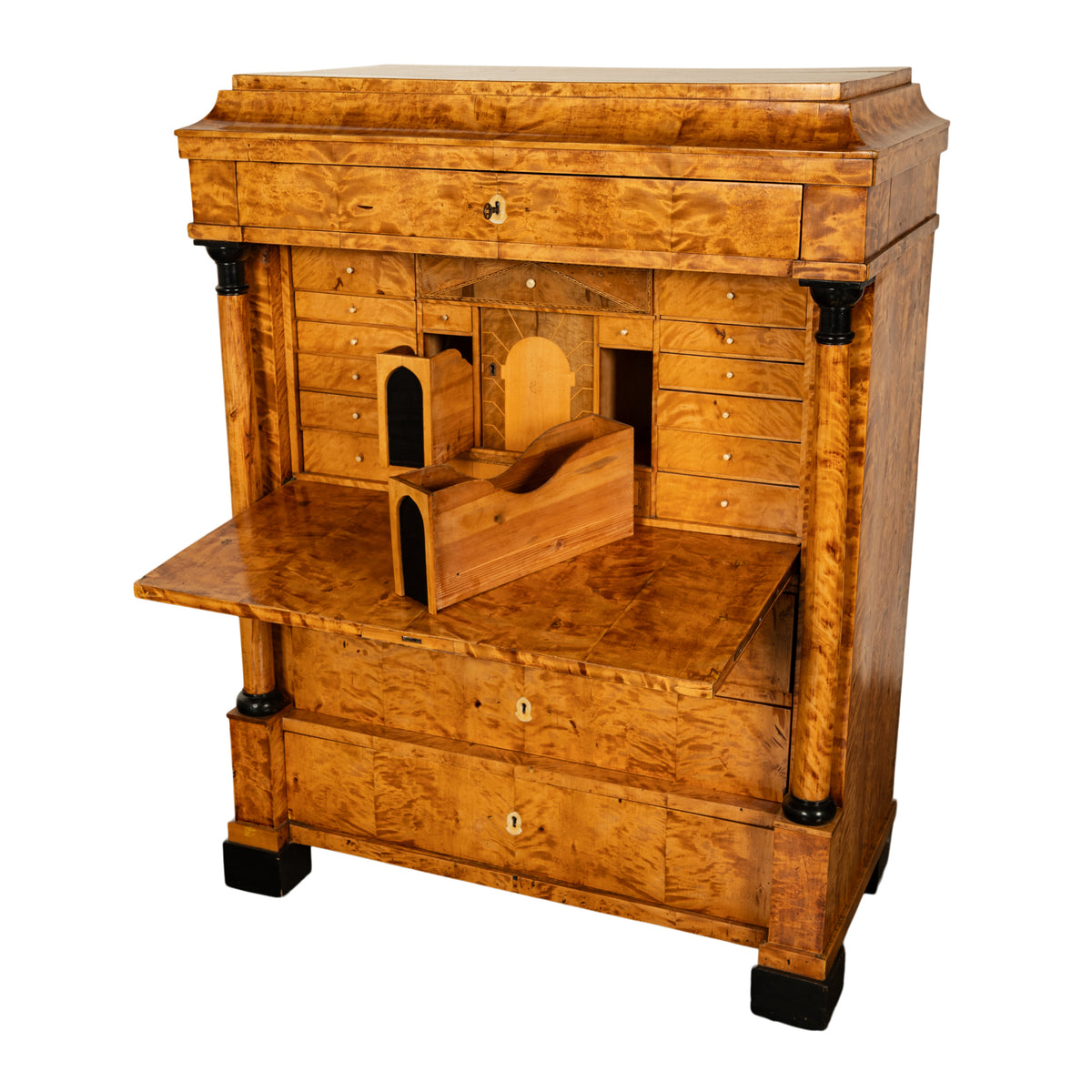 Antique Swedish Golden Birch Ebony Biedermeier Fall Front Desk Secretary Chest