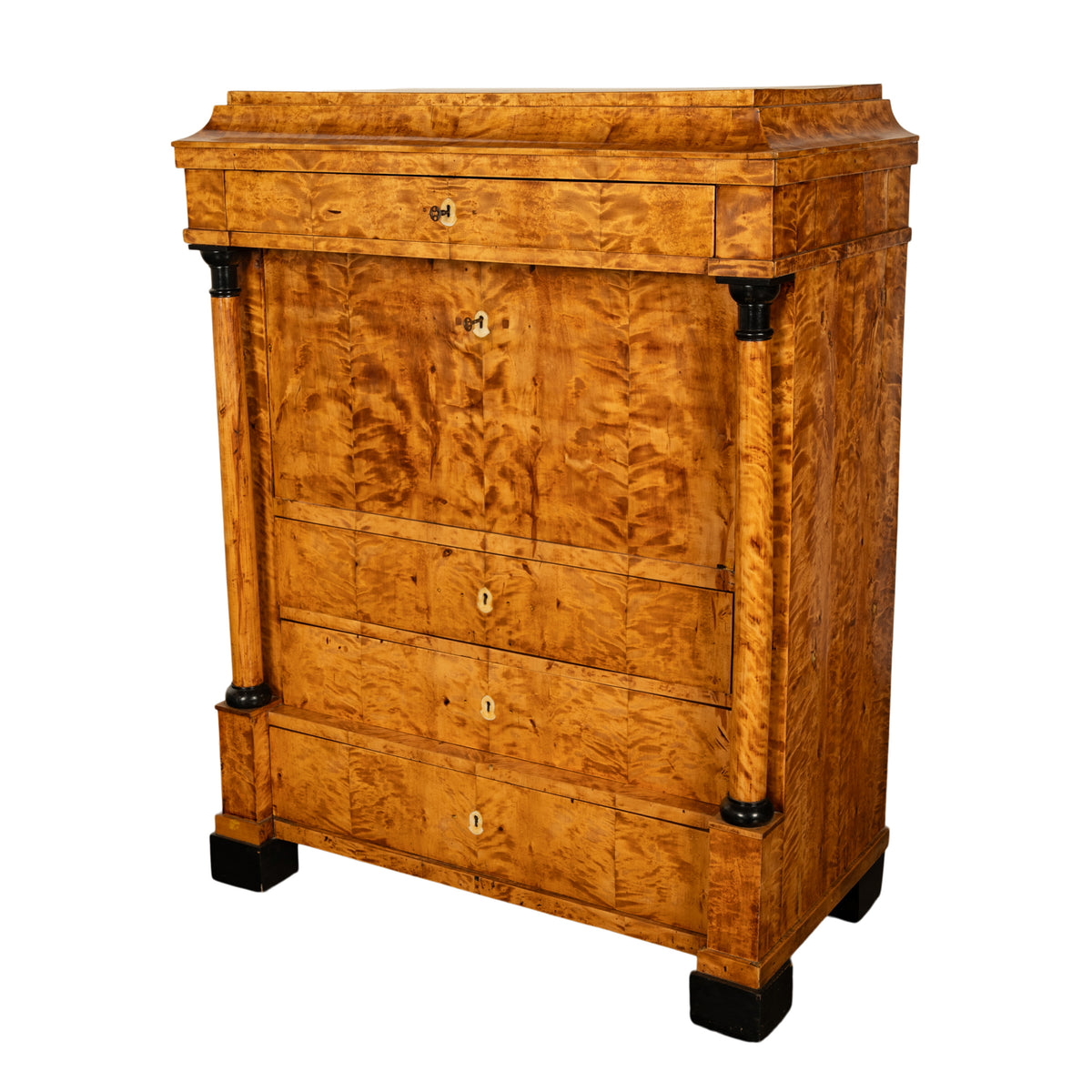 Antique Swedish Golden Birch Ebony Biedermeier Fall Front Desk Secretary Chest