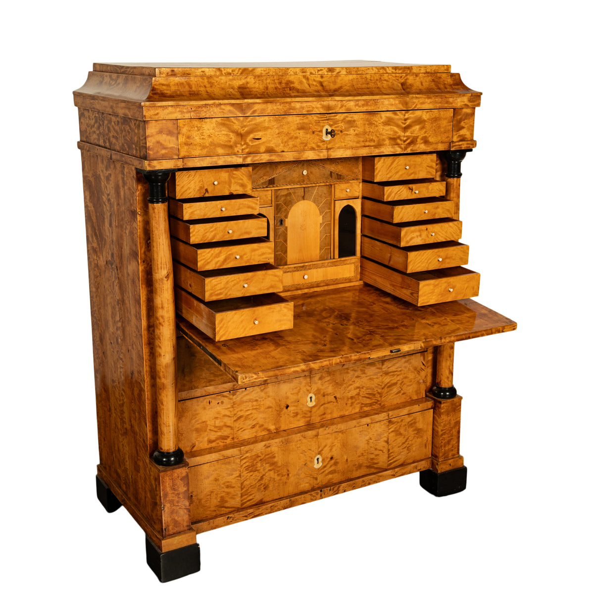 Antique Swedish Golden Birch Ebony Biedermeier Fall Front Desk Secretary Chest