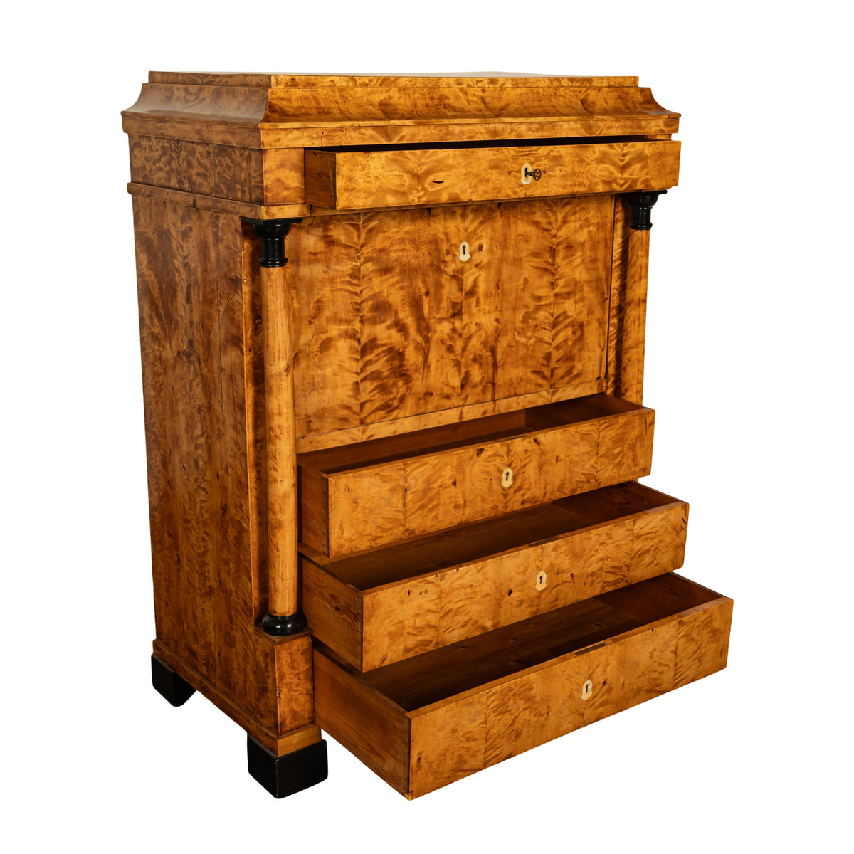 Antique Swedish Golden Birch Ebony Biedermeier Fall Front Desk Secretary Chest