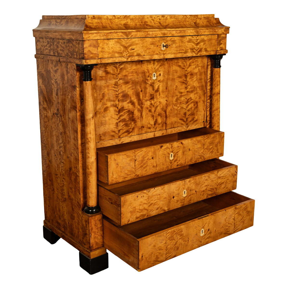 Antique Swedish Golden Birch Ebony Biedermeier Fall Front Desk Secretary Chest
