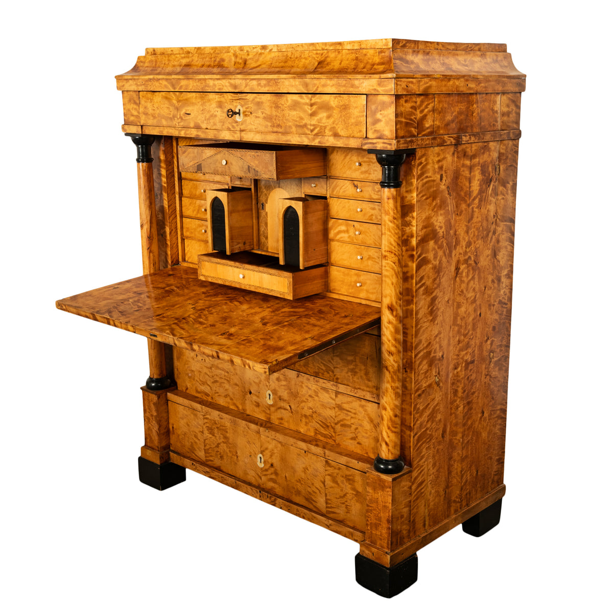 Antique Swedish Golden Birch Ebony Biedermeier Fall Front Desk Secretary Chest