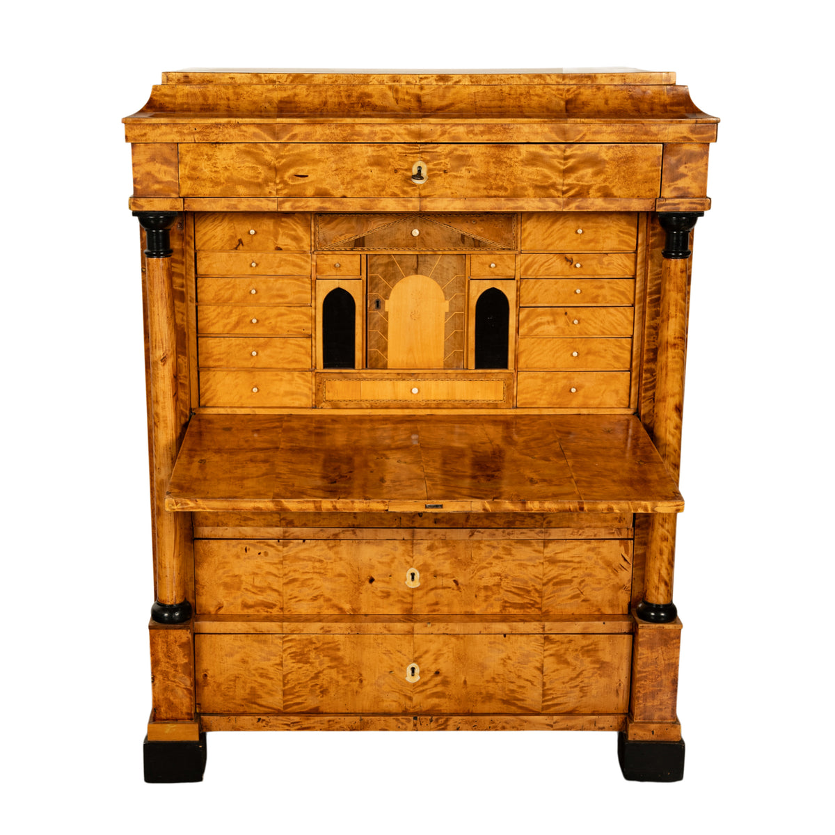 Antique Swedish Golden Birch Ebony Biedermeier Fall Front Desk Secretary Chest