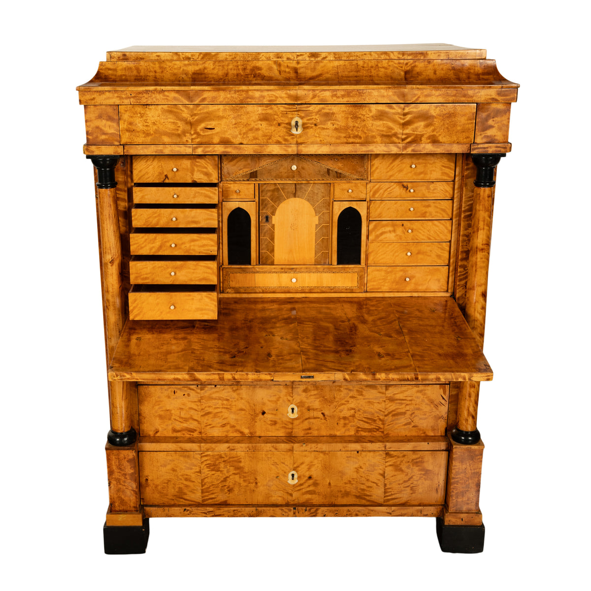 Antique Swedish Golden Birch Ebony Biedermeier Fall Front Desk Secretary Chest