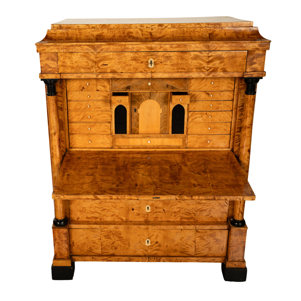 Antique Swedish Golden Birch Ebony Biedermeier Fall Front Desk Secretary Chest