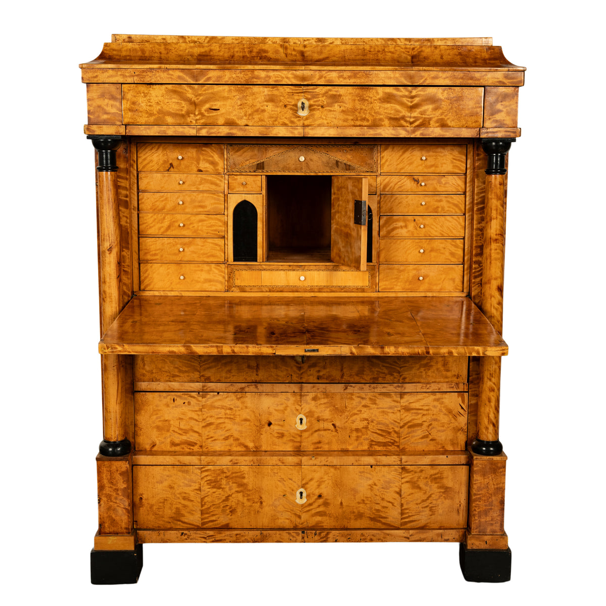 Antique Swedish Golden Birch Ebony Biedermeier Fall Front Desk Secretary Chest