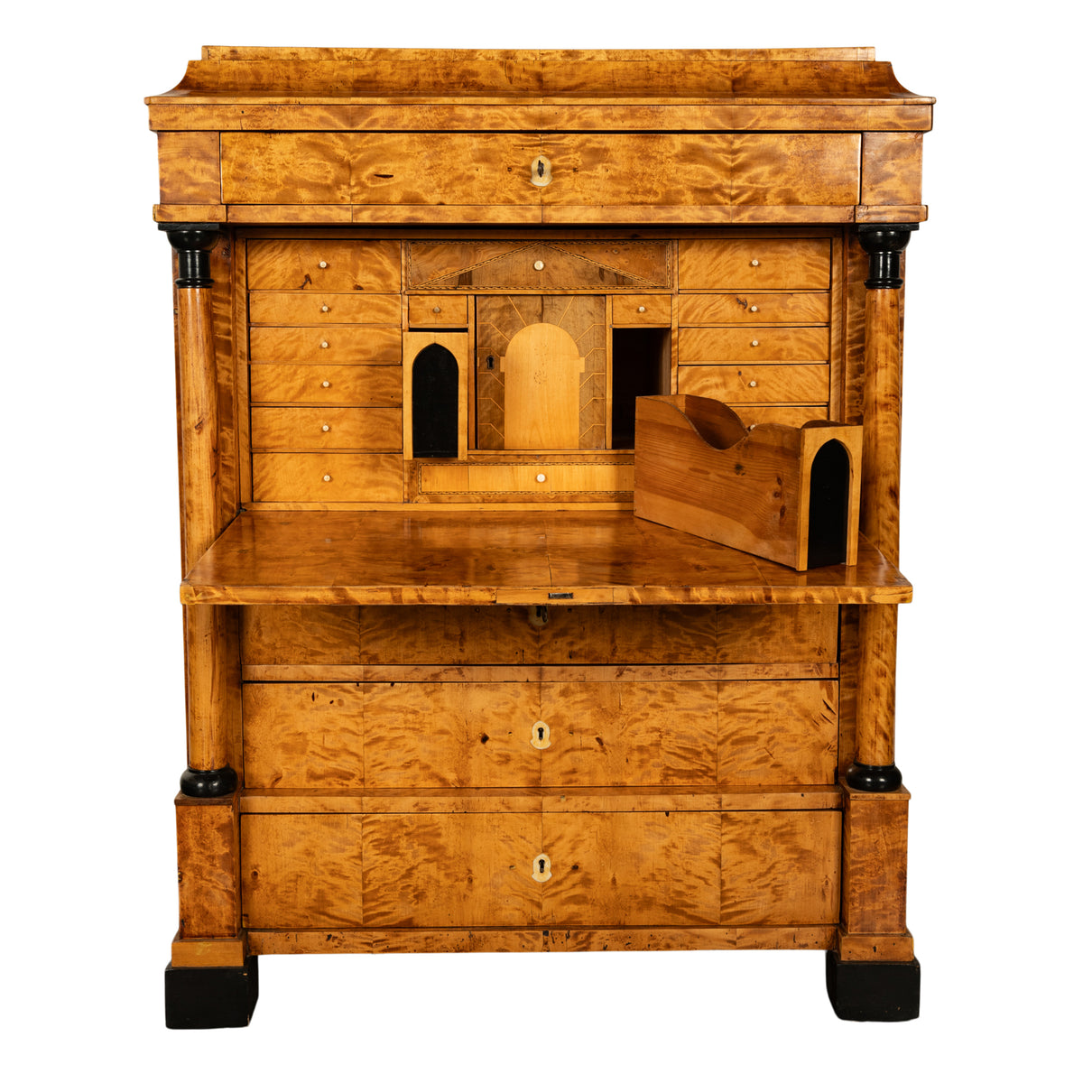 Antique Swedish Golden Birch Ebony Biedermeier Fall Front Desk Secretary Chest