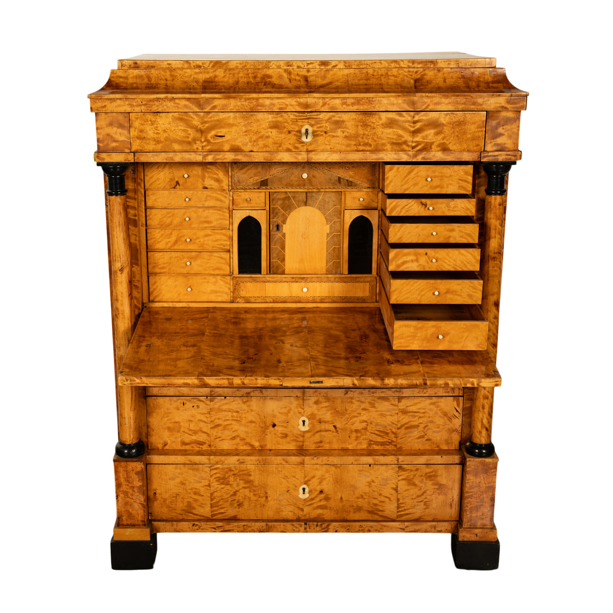 Antique Swedish Golden Birch Ebony Biedermeier Fall Front Desk Secretary Chest