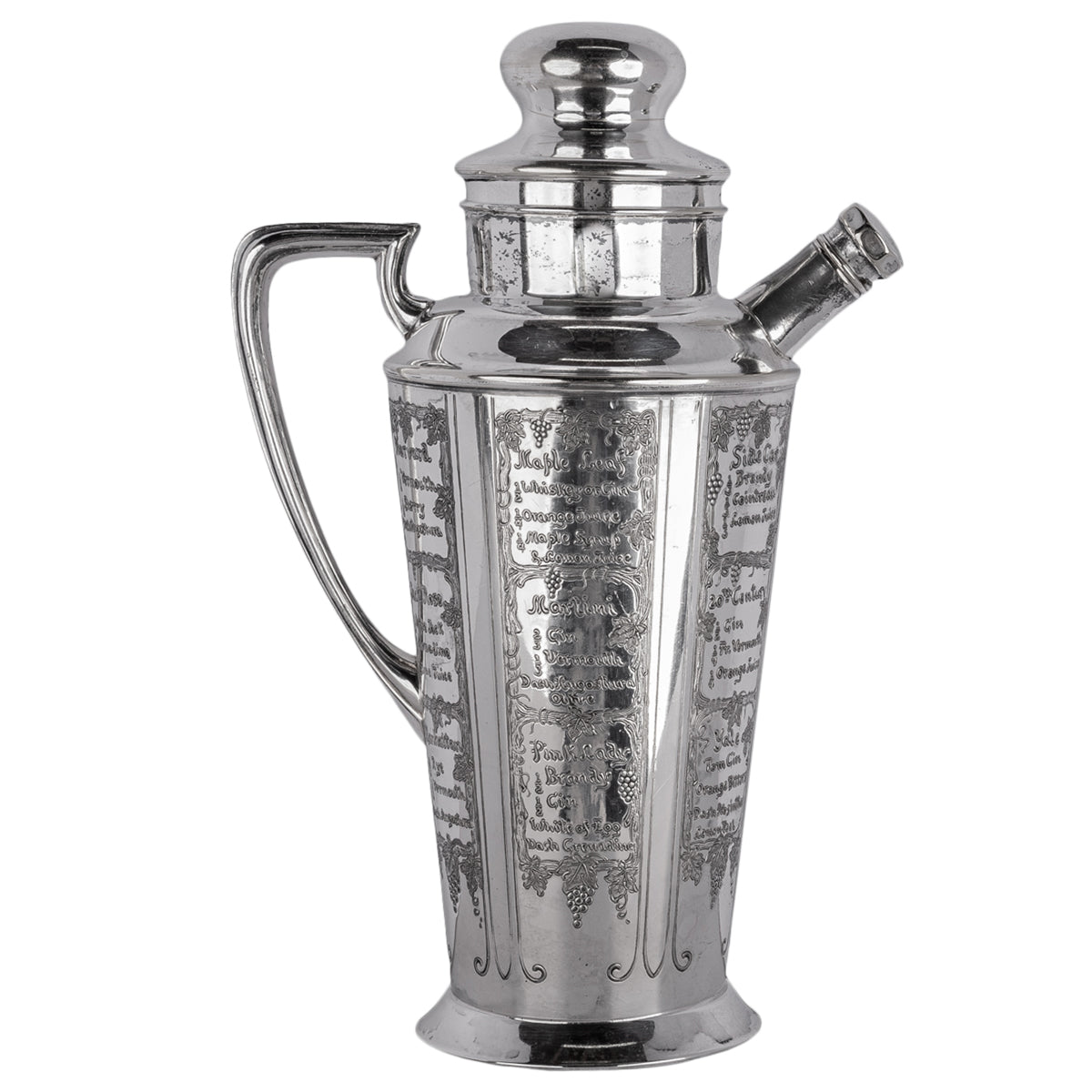 Antique Art Deco Silver Plated Engraved Cocktail Recipe Shaker What'll Yer Have