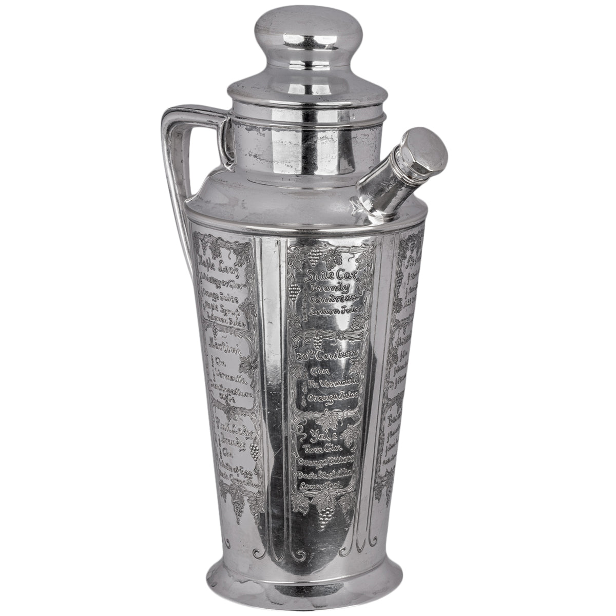 Antique Art Deco Silver Plated Engraved Cocktail Recipe Shaker What'll Yer Have