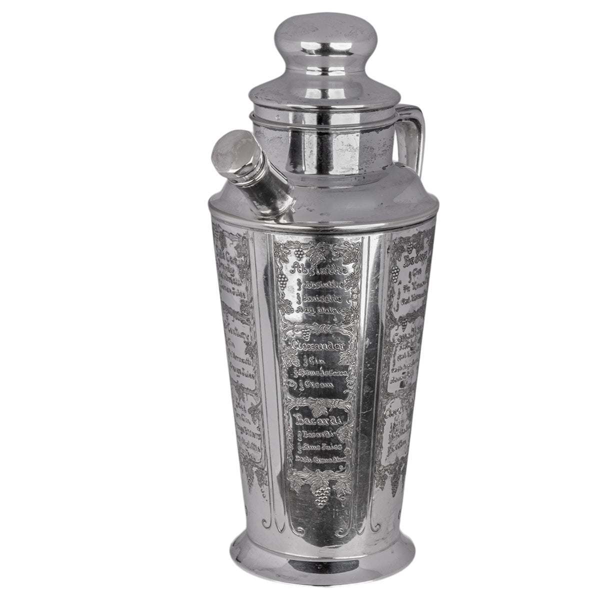 Antique Art Deco Silver Plated Engraved Cocktail Recipe Shaker What'll Yer Have