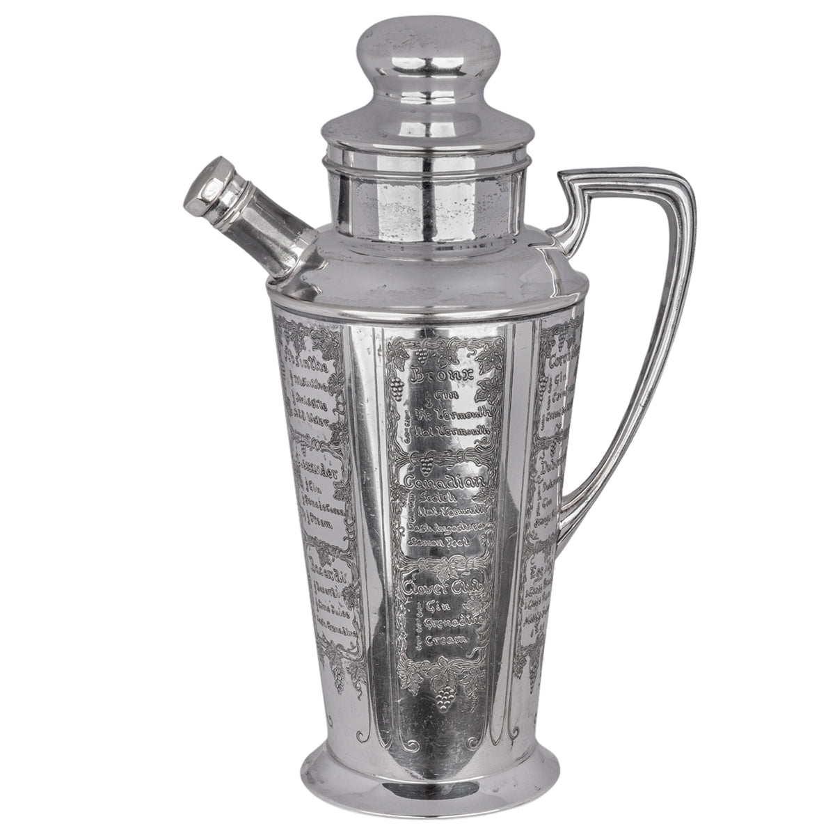 Antique Art Deco Silver Plated Engraved Cocktail Recipe Shaker What'll Yer Have