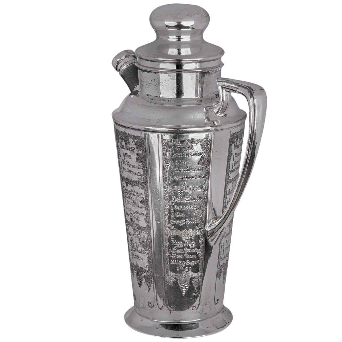 Antique Art Deco Silver Plated Engraved Cocktail Recipe Shaker What'll Yer Have