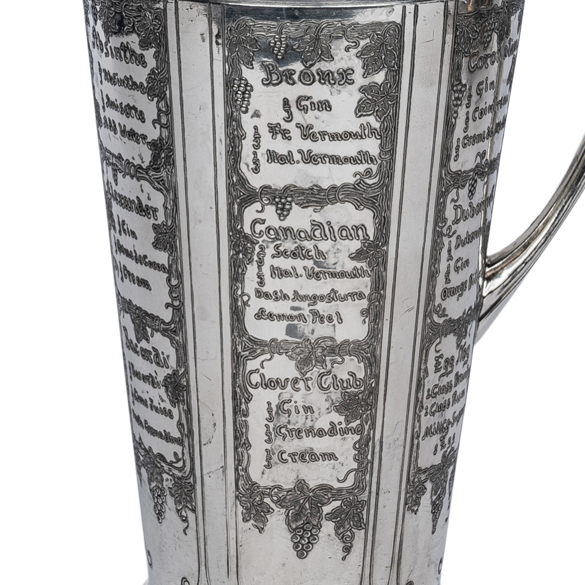 Antique Art Deco Silver Plated Engraved Cocktail Recipe Shaker What'll Yer Have