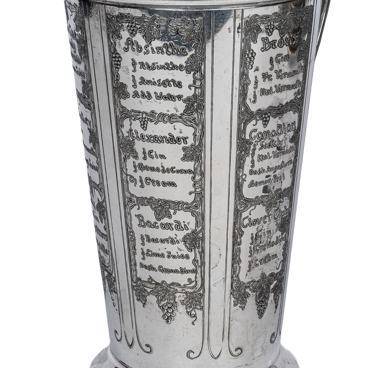 Antique Art Deco Silver Plated Engraved Cocktail Recipe Shaker What'll Yer Have