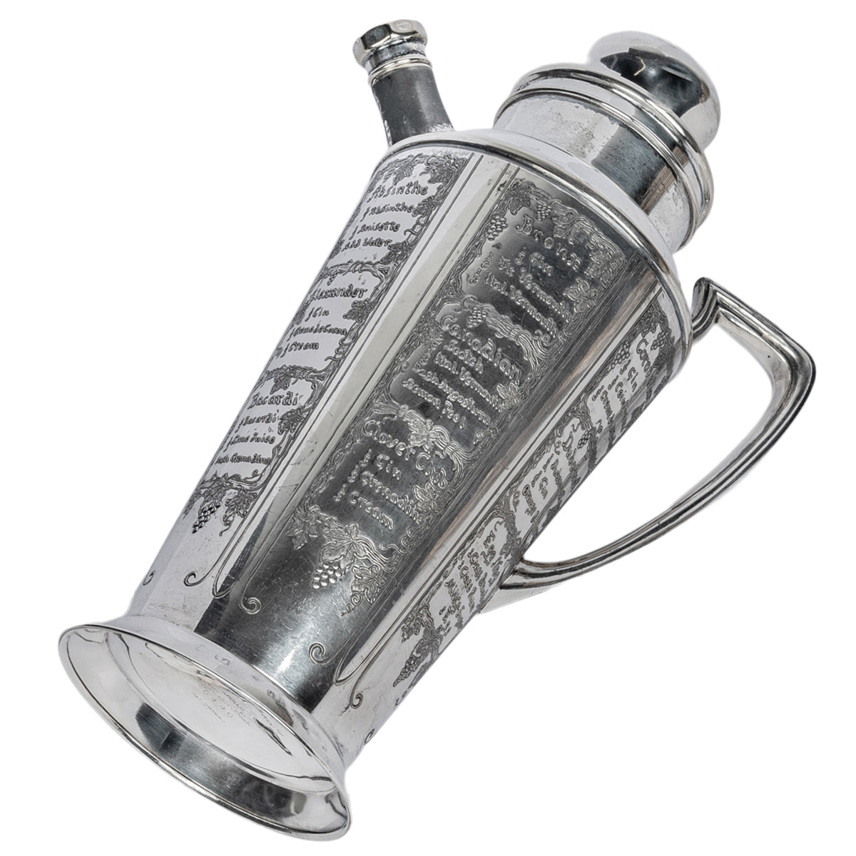 Antique Art Deco Silver Plated Engraved Cocktail Recipe Shaker What'll Yer Have