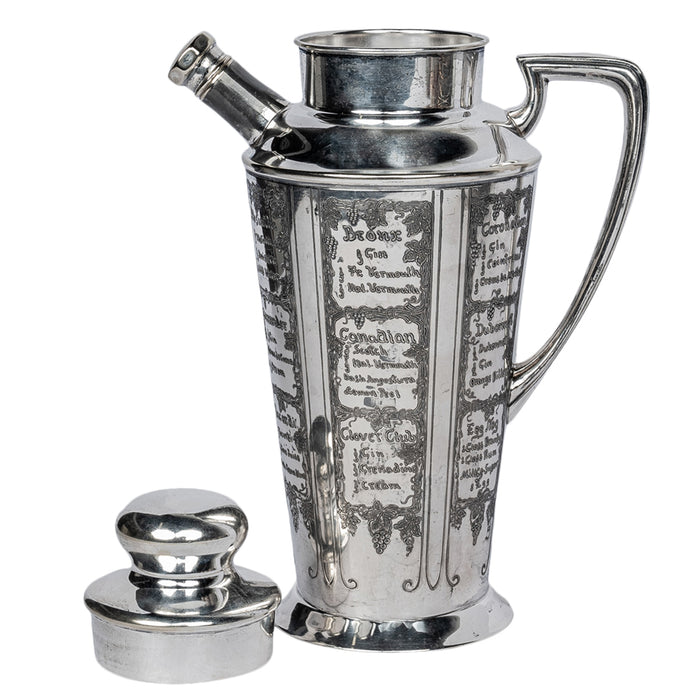 Antique Art Deco Silver Plated Engraved Cocktail Recipe Shaker What'll Yer Have