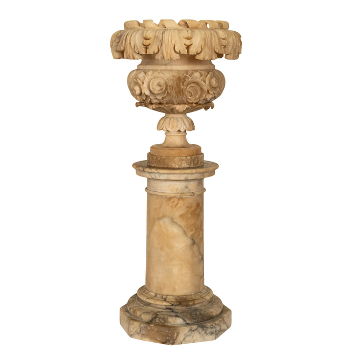 Antique 19th Century Italian Carved Alabaster Neoclassical Urn on Pedestal 1850