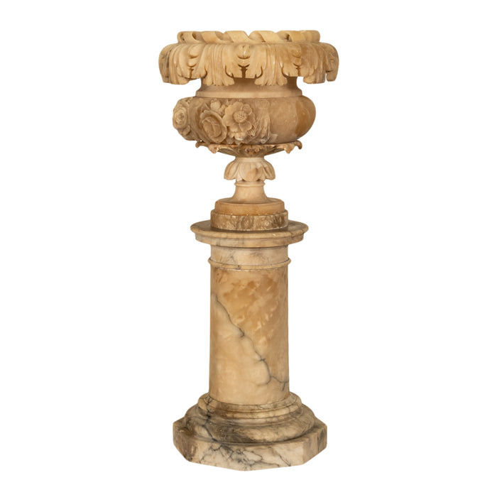 Antique 19th Century Italian Carved Alabaster Neoclassical Urn on Pedestal 1850