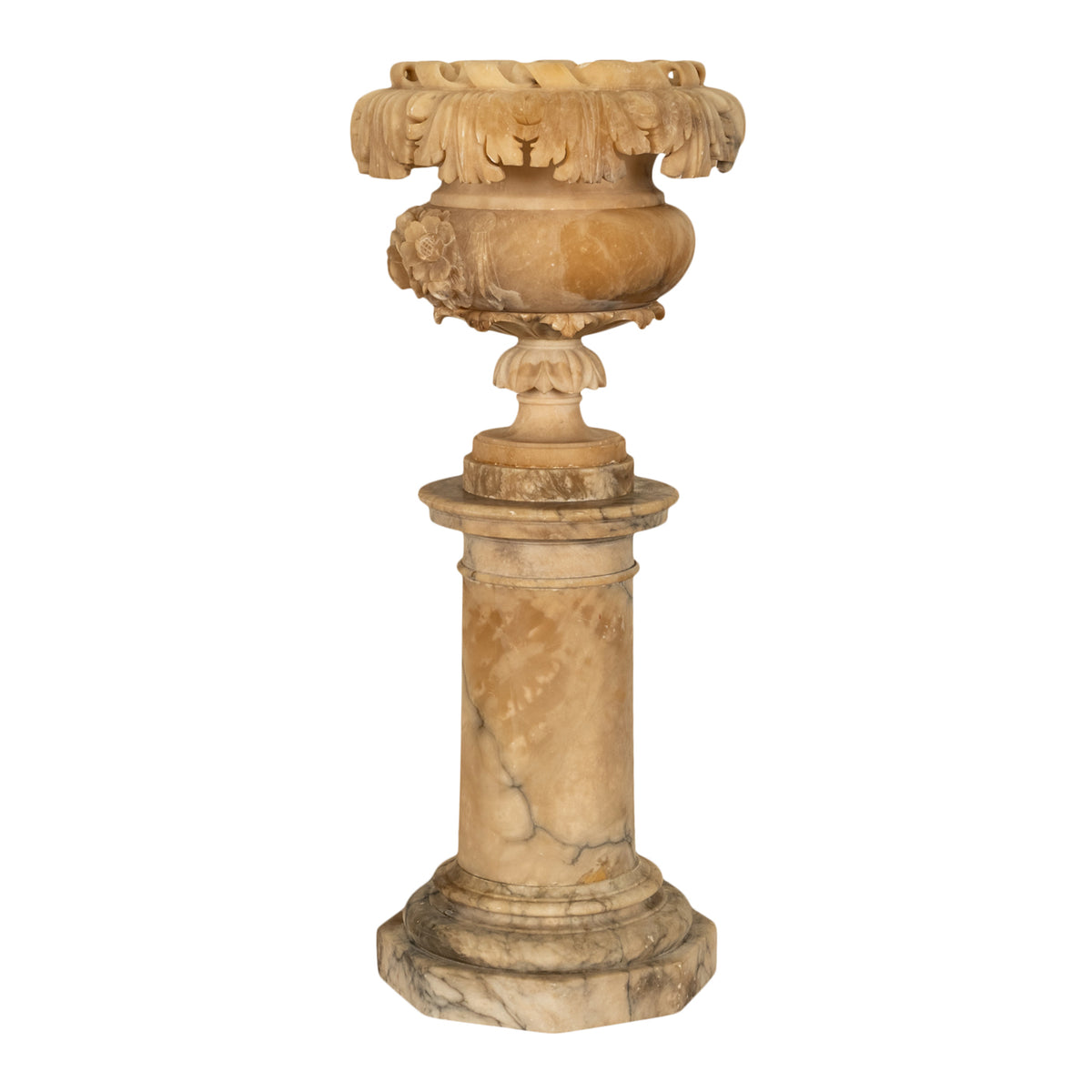 Antique 19th Century Italian Carved Alabaster Neoclassical Urn on Pedestal 1850