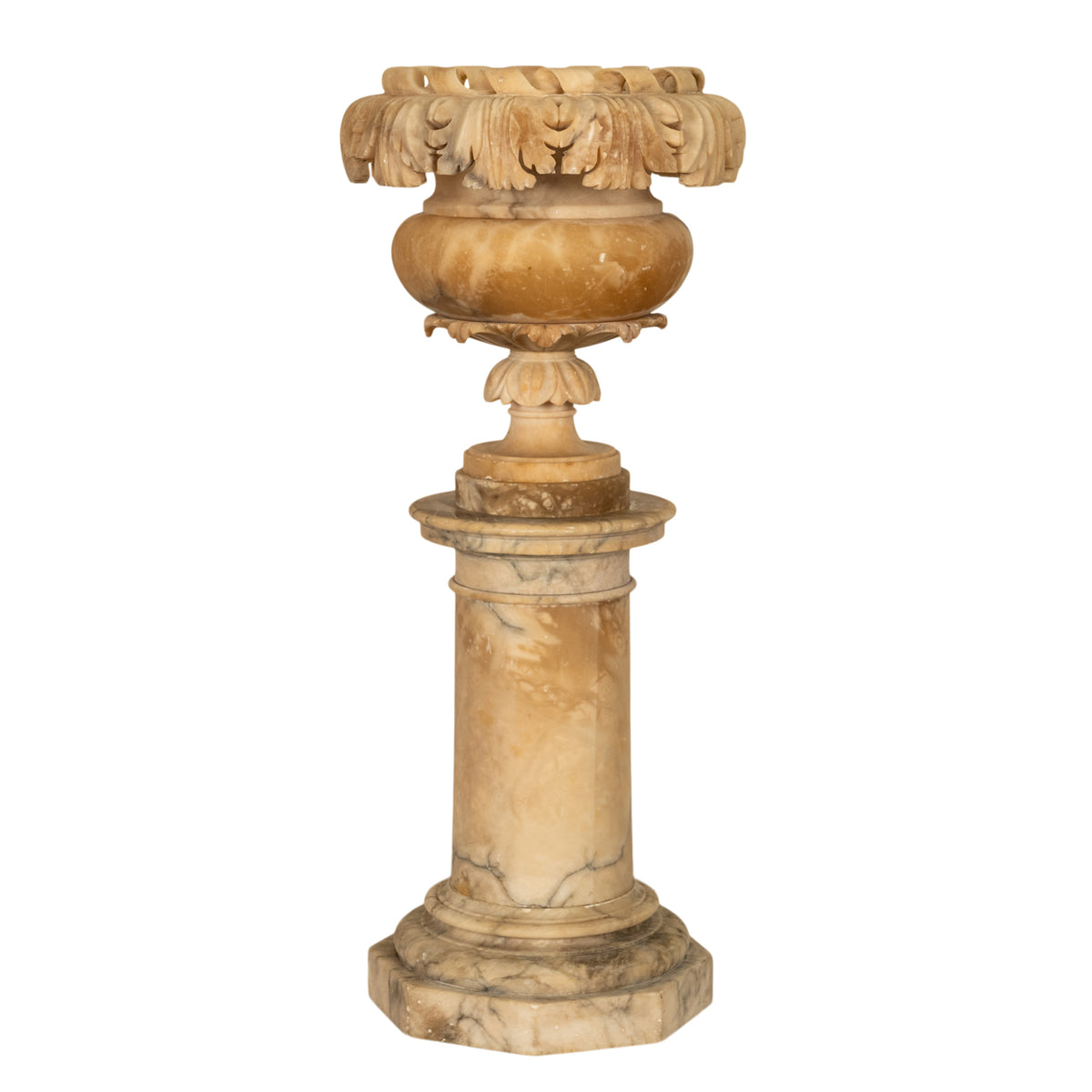 Antique 19th Century Italian Carved Alabaster Neoclassical Urn on Pedestal 1850