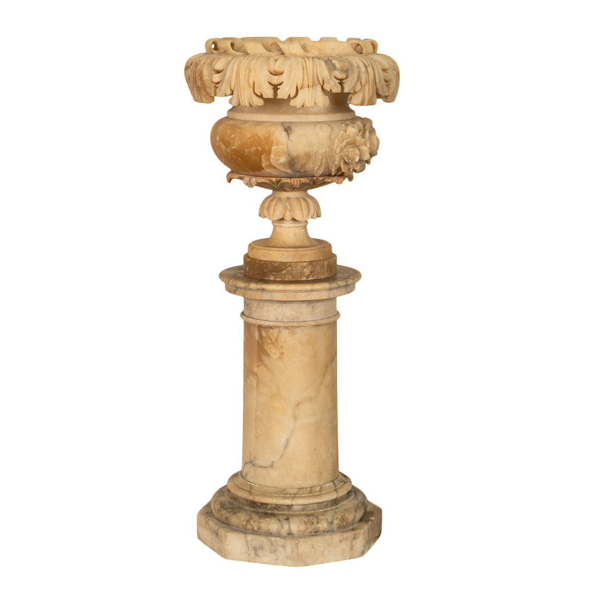 Antique 19th Century Italian Carved Alabaster Neoclassical Urn on Pedestal 1850