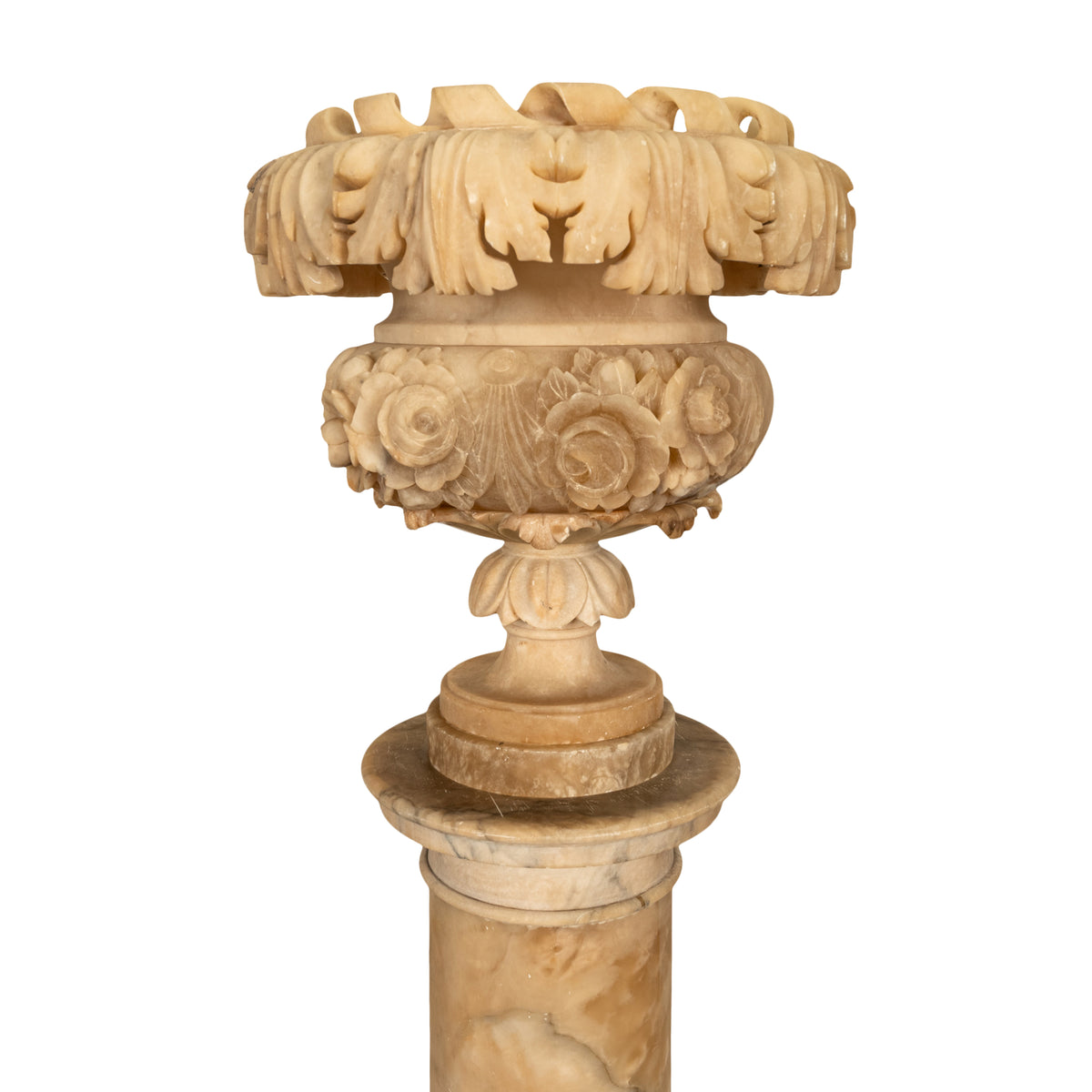 Antique 19th Century Italian Carved Alabaster Neoclassical Urn on Pedestal 1850