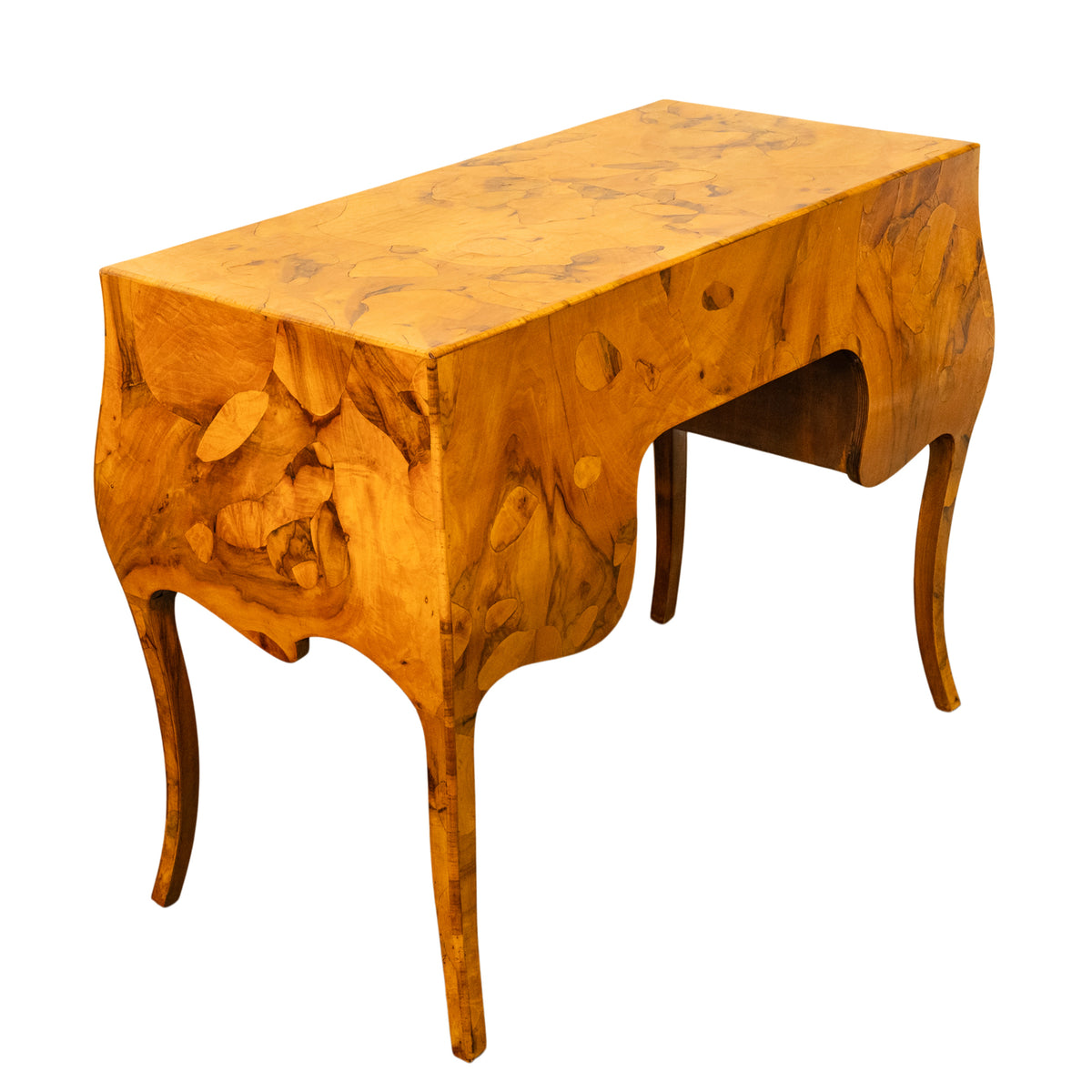 Antique Mid Century Italian Burl Oyster Olive Wood Patchwork Bombe Shaped Desk
