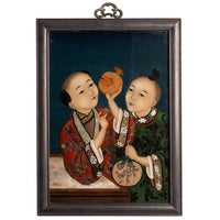 Antique Chinese Export Qing Dynasty Reverse Painting on Glass of Children 1860