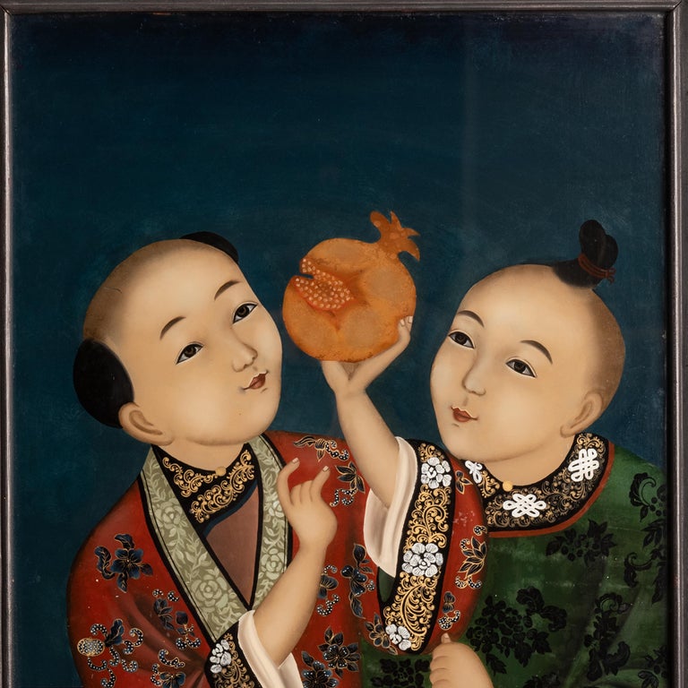 Antique Chinese Export Qing Dynasty Reverse Painting on Glass of Children 1860