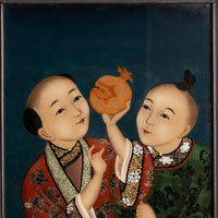 Antique Chinese Export Qing Dynasty Reverse Painting on Glass of Children 1860