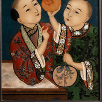 Antique Chinese Export Qing Dynasty Reverse Painting on Glass of Children 1860