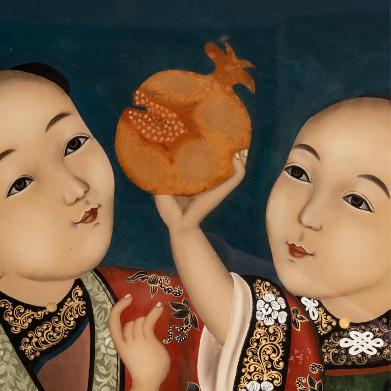 Antique Chinese Export Qing Dynasty Reverse Painting on Glass of Children 1860