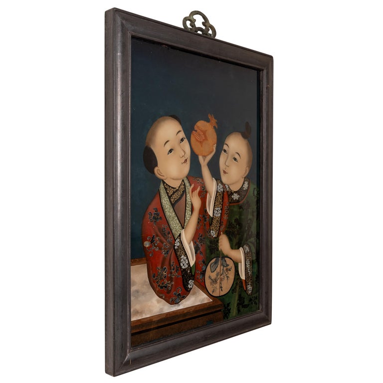 Antique Chinese Export Qing Dynasty Reverse Painting on Glass of Children 1860