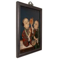 Antique Chinese Export Qing Dynasty Reverse Painting on Glass of Children 1860