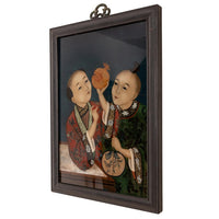 Antique Chinese Export Qing Dynasty Reverse Painting on Glass of Children 1860