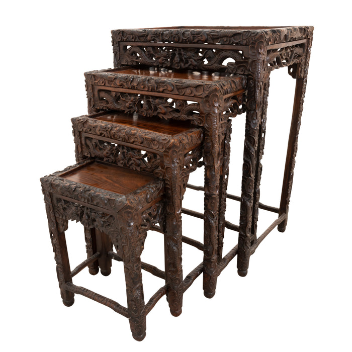 Antique Set of 4 Chinese Qing Dynasty Rosewood Carved Dragon Nesting Tables 1880
