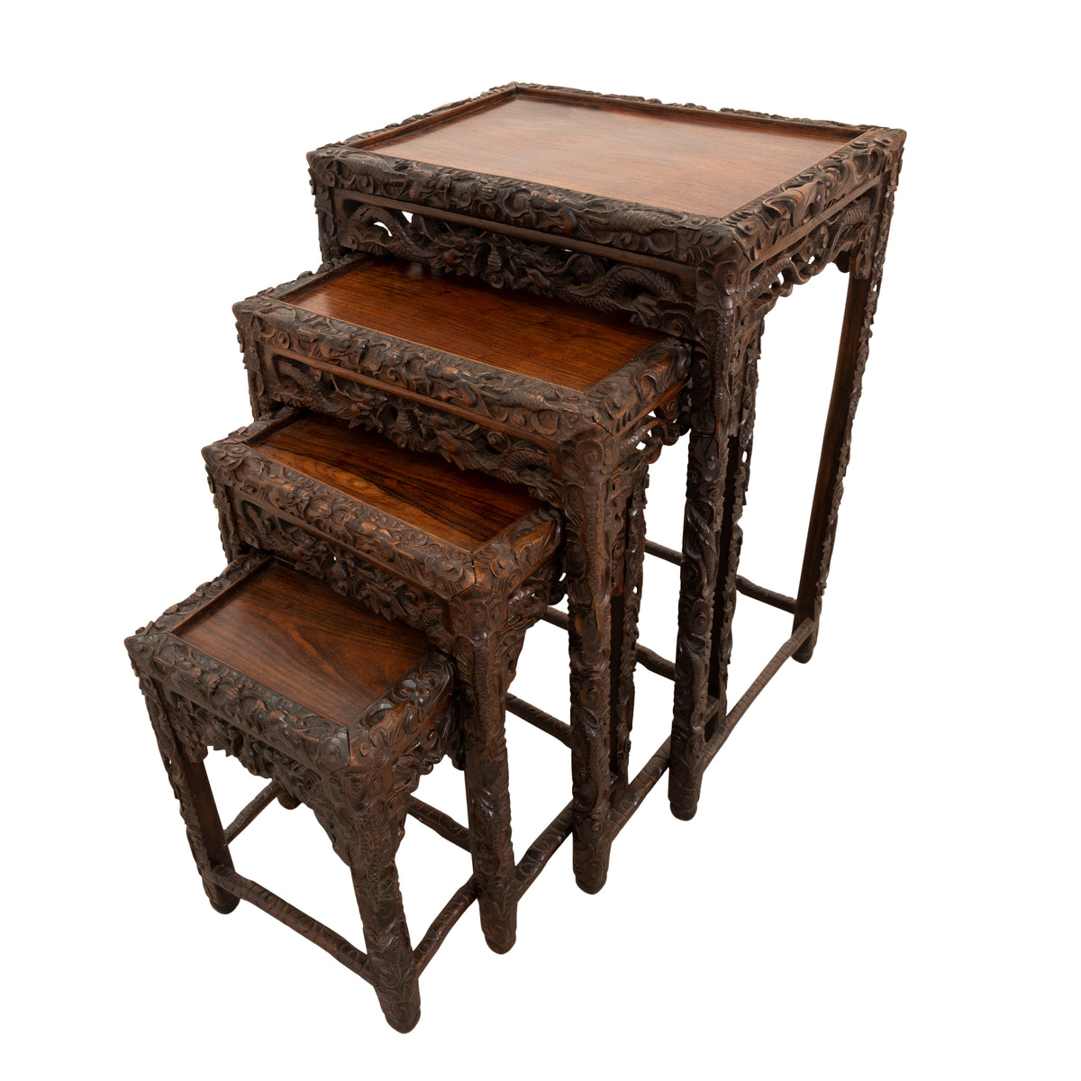Antique Set of 4 Chinese Qing Dynasty Rosewood Carved Dragon Nesting Tables 1880