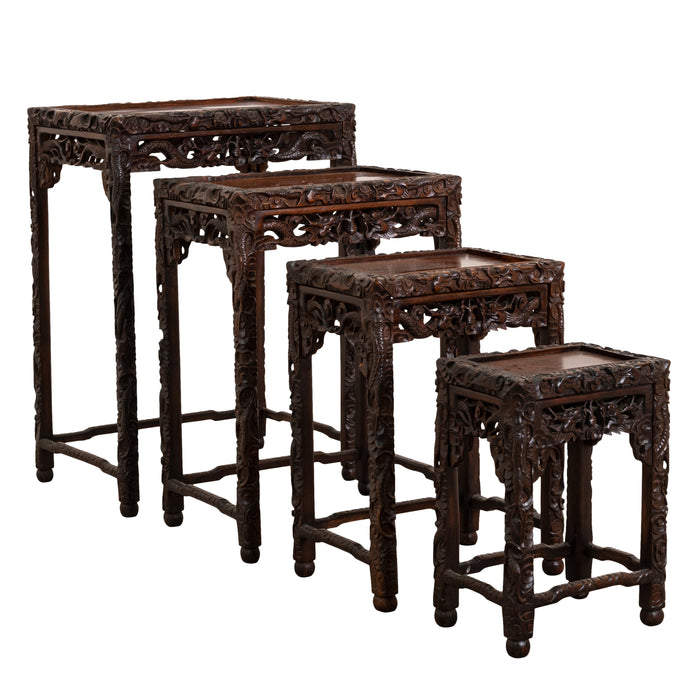 Antique Set of 4 Chinese Qing Dynasty Rosewood Carved Dragon Nesting Tables 1880