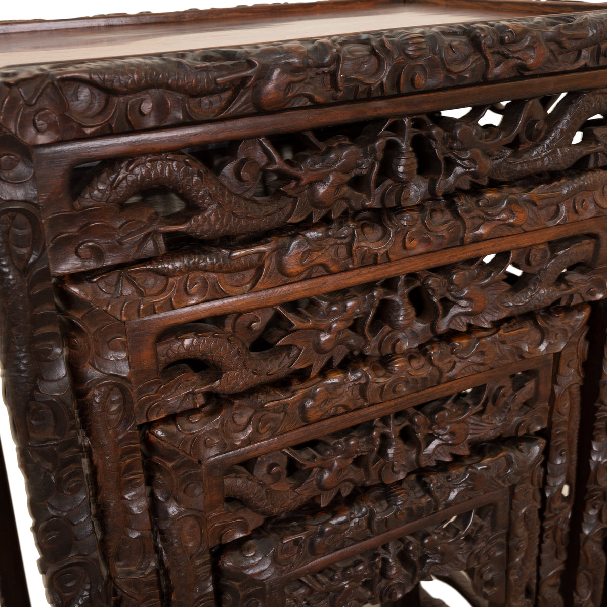 Antique Set of 4 Chinese Qing Dynasty Rosewood Carved Dragon Nesting Tables 1880