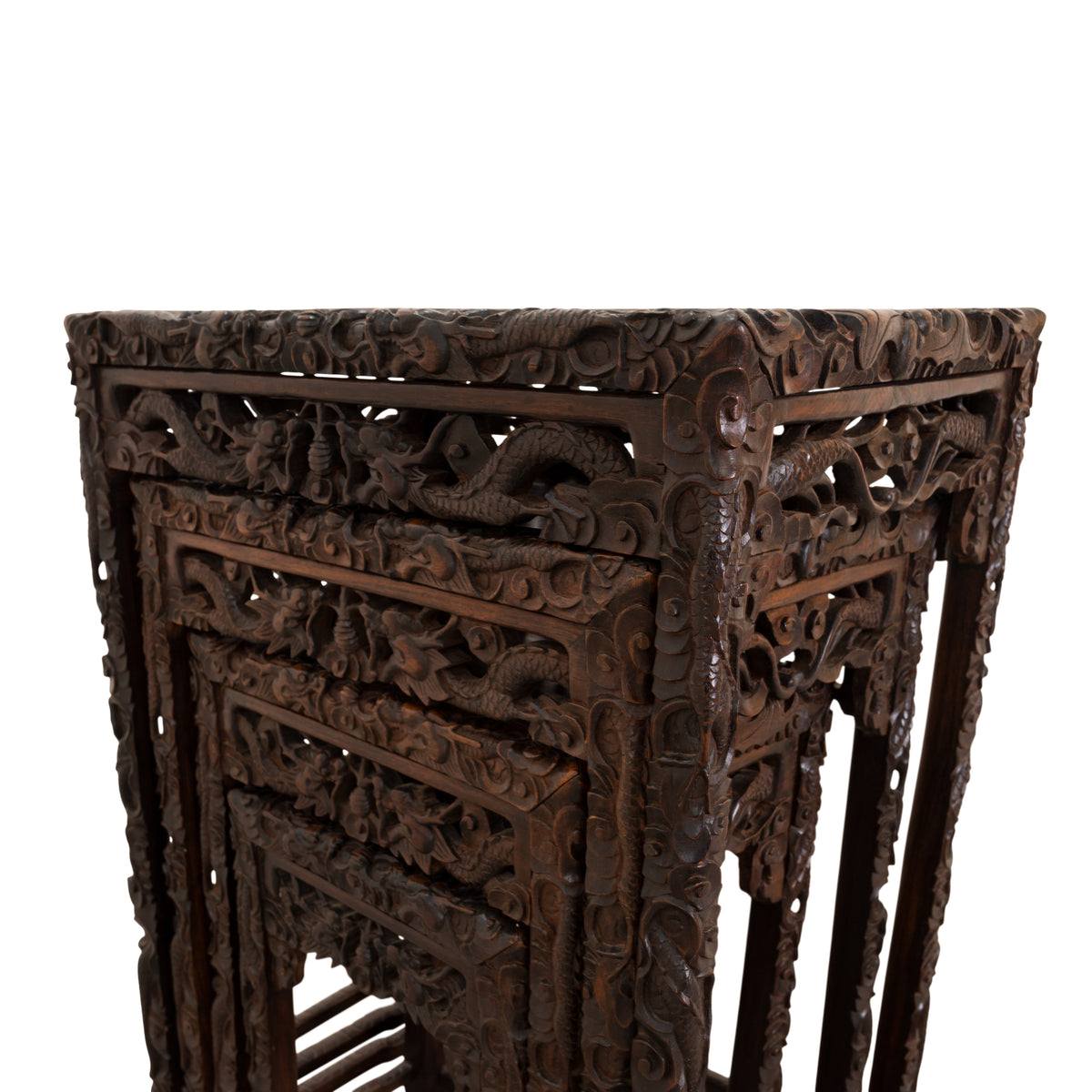 Antique Set of 4 Chinese Qing Dynasty Rosewood Carved Dragon Nesting Tables 1880
